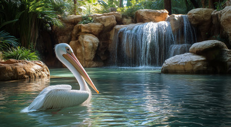 A pelican gracefully swims in tranquil waters surrounded by lush greenery and a cascading waterfall during midday, creating a peaceful atmosphere in nature.の素材