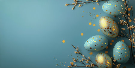 Delightful decorated eggs in pastel shades of blue and pink lay scattered on a turquoise background, adorned with golden speckles, perfect for a springtime celebration.の素材