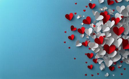 Festive paper hearts in red and white are suspended from above, creating a cheerful atmosphere against a blue background, perfect for celebrations or special events.の素材