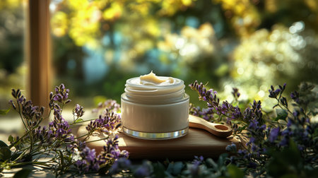 A creamy skincare product rests on a wooden surface, surrounded by vibrant lavender flowers, in a peaceful garden illuminated by soft sunlight, evoking calmness and relaxation.の素材