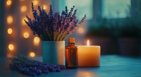 A calming atmosphere with a lit candle, a lavender bouquet, and an amber glass essential oil bottle set against a backdrop of warm, glowing lights in the evening.の素材