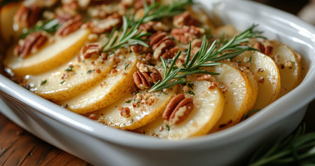 Slices of baked pears topped with crushed pecans and garnished with fresh rosemary sit in a decorative dish. The warm colors of the kitchen add to the inviting atmosphere.の素材