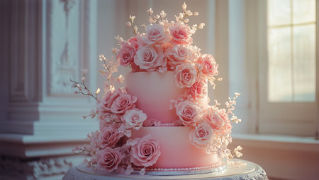 A stunning three-tier wedding cake sits in a beautifully lit venue, featuring delicate pink roses and floral accents on each layer, creating an enchanting atmosphere for celebrations.の素材