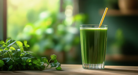 A vibrant green smoothie in a clear glass with a golden straw rests on a wooden table. Lush indoor plants create a fresh, inviting atmosphere in the well-lit kitchen.の素材