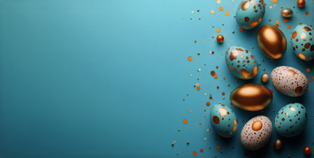 Delightful decorated eggs in pastel shades of blue and pink lay scattered on a turquoise background, adorned with golden speckles, perfect for a springtime celebration.の素材