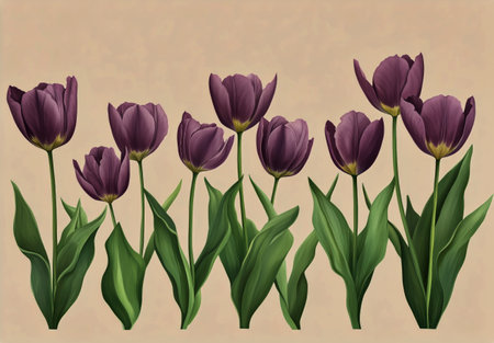 A captivating arrangement features vibrant purple tulips positioned elegantly with lush green leaves, set against a soft pink backdrop, creating an inviting atmosphere.の素材