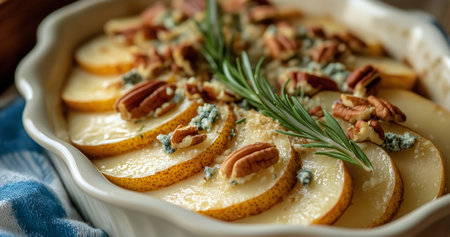 Slices of baked pears topped with crushed pecans and garnished with fresh rosemary sit in a decorative dish. The warm colors of the kitchen add to the inviting atmosphere.の素材