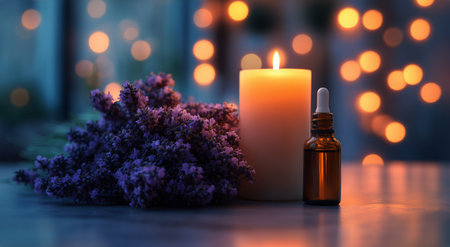 A calming atmosphere with a lit candle, a lavender bouquet, and an amber glass essential oil bottle set against a backdrop of warm, glowing lights in the evening.の素材