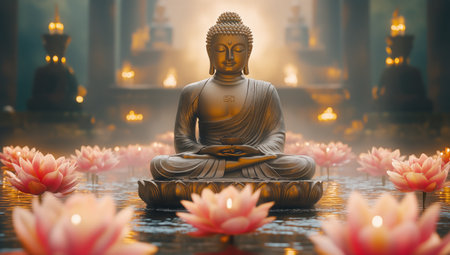 A bronze Buddha statue peacefully sits amid blooming lotus flowers and glowing candles, illuminated by soft light within a tranquil temple environment during dusk.の素材