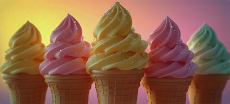 Soft serve ice cream cones topped with fluffy pink swirls are arranged neatly against a soft pink background, creating a delightful treat for dessert lovers.の素材