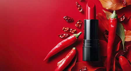 A striking red lipstick stands upright beside a bright chili pepper against a smooth red backdrop, creating an eye-catching display of color and contrast.の素材