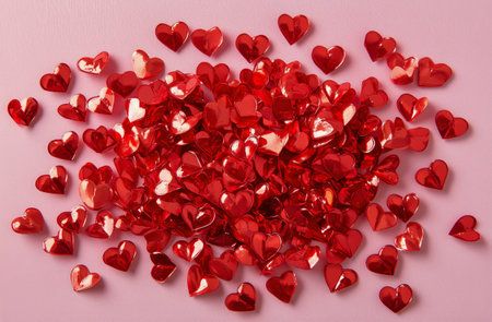 Tiny paper hearts in various shades of red and pink are scattered across a light pink surface, creating a vibrant and festive atmosphere perfect for celebrations.の素材