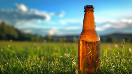 An amber beverage bottle sits on freshly dewy grass in a serene outdoor setting. The sun illuminates the landscape, enhancing the refreshing atmosphere of the moment.の素材