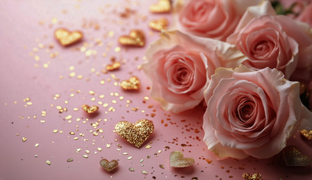 Beautiful pink roses are arranged charmingly alongside shimmering gold hearts on a soft pastel background, creating a perfect setting for celebrations and romantic moments.の素材