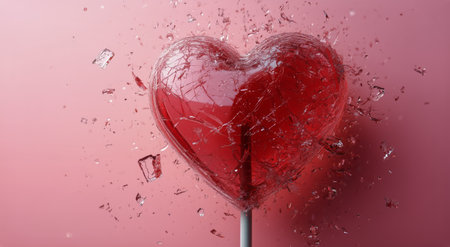 A bright red heart shaped lollipop rests on a pale pink surface, surrounded by shards of candy. The scene evokes a sweet and playful atmosphere, perfect for celebrations.の素材