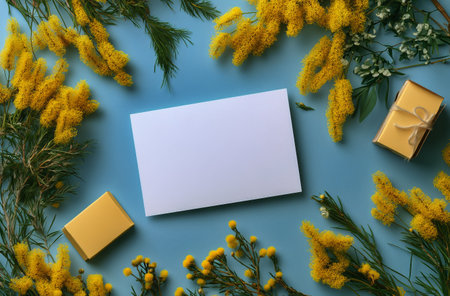 Vibrant yellow flowers surround a blank card set against a turquoise backdrop, ideal for invitations or creative messages. The lively colors enhance the overall aesthetic.の素材
