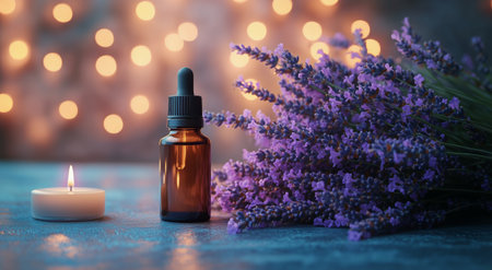 A calming atmosphere with a lit candle, a lavender bouquet, and an amber glass essential oil bottle set against a backdrop of warm, glowing lights in the evening.の素材