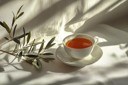 A warm cup of tea sits elegantly on a saucer, resting on a light fabric surface. Olive leaves and shadows create a serene atmosphere in gentle sunlight.の素材