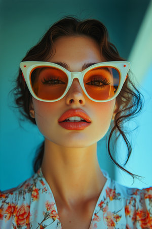 A young woman exudes confidence as she poses with oversized sunglasses, dressed in a floral outfit, showing a vibrant blue backdrop on a sunny day.の素材