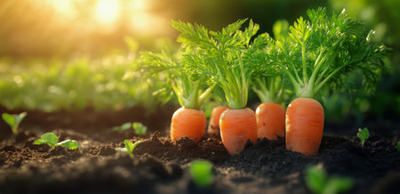 Carrots with lush green tops emerge from rich dark soil in a vibrant garden setting. The sun casts a warm glow, enhancing the scenes natural beauty.の素材