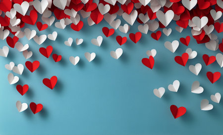 Festive paper hearts in red and white are suspended from above, creating a cheerful atmosphere against a blue background, perfect for celebrations or special events.の素材