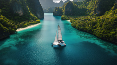 A sailboat navigates through a captivating tropical landscape featuring vibrant green cliffs and crystal-clear waters. The serene scene showcases natures beauty at midday.の素材