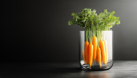 Vibrant orange carrots with green tops are elegantly displayed in a clear glass vase on a dark surface, showing freshness and modern design elements.の素材