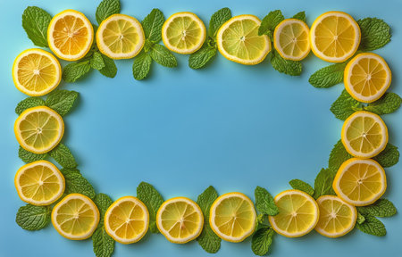 Brightly arranged lemon slices and fresh mint leaves form an oval shape on a blue surface, showing a blend of yellow and green colors that evoke freshness.の素材