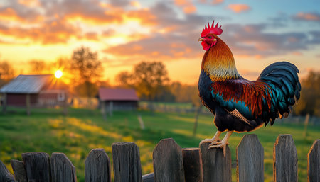 A vibrant rooster stands proudly on a wooden fence as the sun sets in a picturesque rural setting, casting warm hues across the green fields and barns.の素材