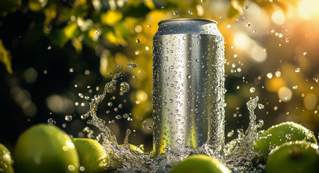 A silver beverage can sits upright in clear water, surrounded by green apples. Water splashes create a lively atmosphere, with soft sunlight filtering through foliage.の素材