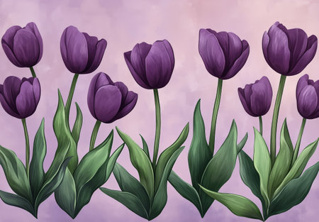 A captivating arrangement features vibrant purple tulips positioned elegantly with lush green leaves, set against a soft pink backdrop, creating an inviting atmosphere.の素材