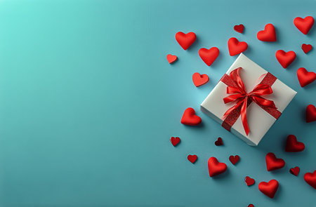 A beautifully wrapped gift sits on a textured blue surface surrounded by vibrant red heart shapes. This arrangement evokes feelings of love and celebration, perfect for any occasion.の素材