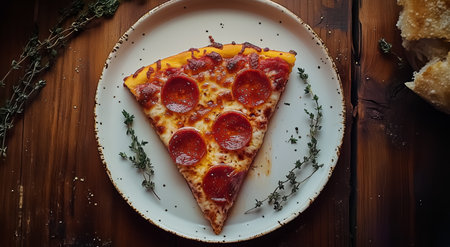 A mouthwatering slice of pepperoni pizza rests on a speckled plate with sprigs of fresh thyme alongside. The wooden table adds to the cozy atmosphere of the setting.の素材
