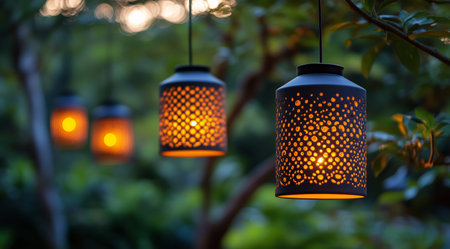 Three decorative lanterns hang from branches, casting warm light in a serene garden. This enchanting space features lush greenery and a rustic building in the background.の素材