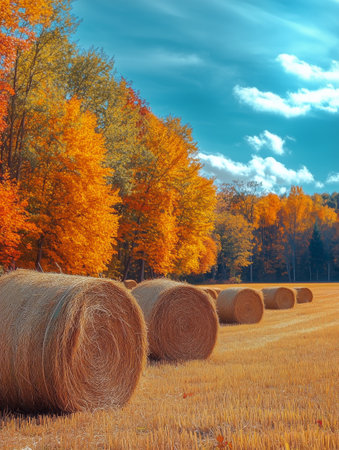 Lush fields decorated with round hay bales under a clear blue sky, showcasing brilliant autumn foliage and warm sunlight enhancing the vibrant colors.の素材