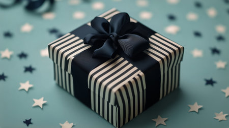 A neatly wrapped gift box features a bold striped design and a dark ribbon, resting on a soft blue surface adorned with star-shaped confetti, creating a festive atmosphere.の素材