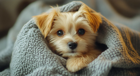 A small puppy with expressive eyes lays comfortably wrapped in a fluffy blanket, enjoying warmth and comfort in a cozy living room setting during a cool afternoon.の素材