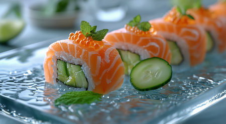 Three salmon sushi rolls are beautifully arranged on a glass plate, accompanied by fresh cucumber slices and a dollop of wasabi, creating a colorful and appetizing presentation.の素材