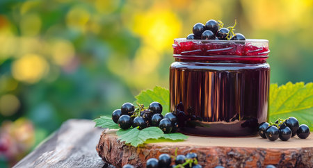 A jar of rich berry jam sits on a wooden table adorned with fresh blackcurrants and green leaves. A small insect is perched on the lid, while a lush garden background adds beauty.の素材