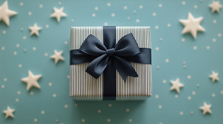 A neatly wrapped gift box features a bold striped design and a dark ribbon, resting on a soft blue surface adorned with star-shaped confetti, creating a festive atmosphere.の素材