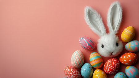 Colorful decorated Easter eggs are arranged along the bottom of a soft pink background with playful bunny ears poking from two sides creating a festive and cheerful atmosphere.の素材