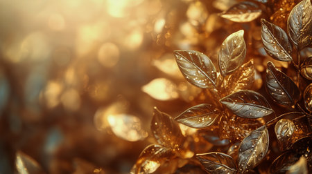 Close-up of vibrant leaves glistening in warm sunlight, creating a mesmerizing atmosphere in a tranquil natural setting.の素材