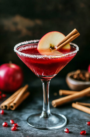 A vibrant red cocktail sits in a stylish glass, garnished with a slice of apple and a cinnamon stick.の素材
