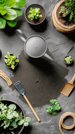 Tools and soil are arranged on a rustic surface, ready for planting herbs. A plant sits in a pot, while gardening equipment awaits use in a serene outdoor environment.の素材