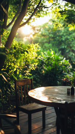 A rustic wooden table with chairs is nestled in a vibrant garden, surrounded by tropical plants and illuminated by warm daylight, inviting relaxation and conversation.の素材