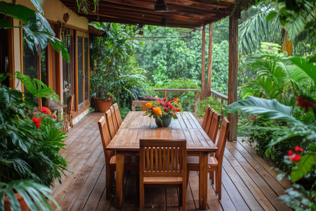 A rustic wooden table with chairs is nestled in a vibrant garden, surrounded by tropical plants and illuminated by warm daylight, inviting relaxation and conversation.の素材