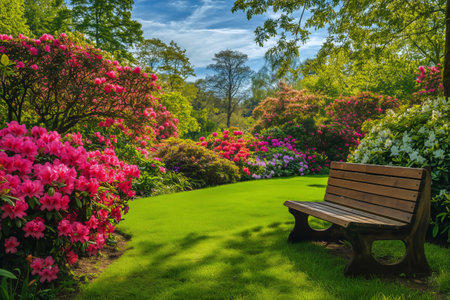 A serene garden filled with blooming flowers in various colors surrounds a wooden bench under a bright sky. The lush greenery provides a peaceful atmosphere for relaxation.の素材
