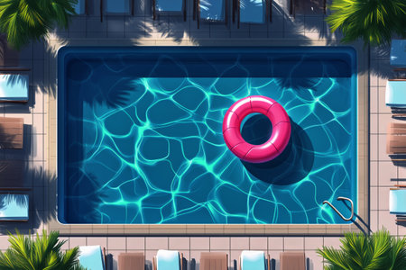 Bright sunshine glistens on the clear water of a pool, featuring a pink float and empty lounge chairs. Palm trees provide shade, creating an inviting relaxation area.の素材