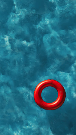 A bright red float ring floats calmly in a clear blue swimming pool, reflecting sunlight. It is a perfect day for swimming and relaxation on a warm summer afternoon.の素材