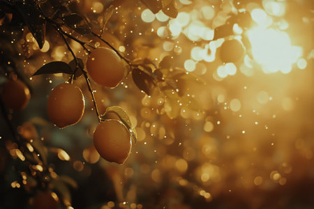 Bright yellow lemons grow abundantly on branches as the sun sets, casting a warm glow that enhances the natural beauty of this citrus orchard.の素材